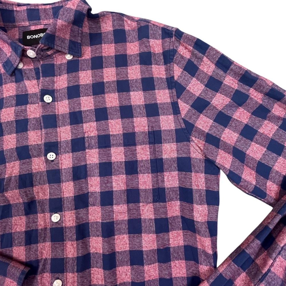 BONOBOS Tailored Fit Plaid Button Down Shirt Mens Medium Navy Pink Pocket Casual - Picture 5 of 8